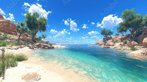 Sunny Mediterranean cove, idyllic beach, clear water, distant mountains. Use Travel brochure, vacation ad photo