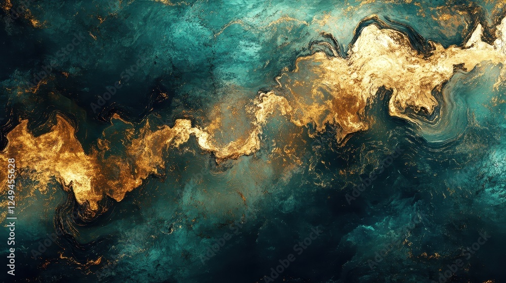Abstract painting featuring swirling turquoise colors with golden accents Abstract painting featuring swirling turquoise colors with golden accents