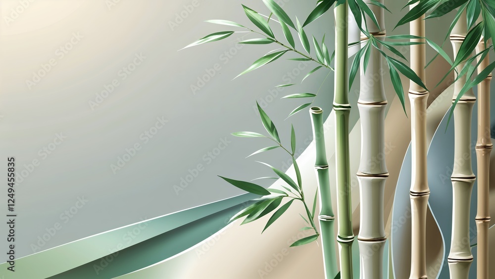 Fototapeta premium Fresh green bamboo shoots with abstract flowing design on light background