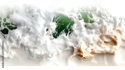 Powerful ocean waves crashing onto a sandy beach, creating a frothy white surf against a green backdrop photo