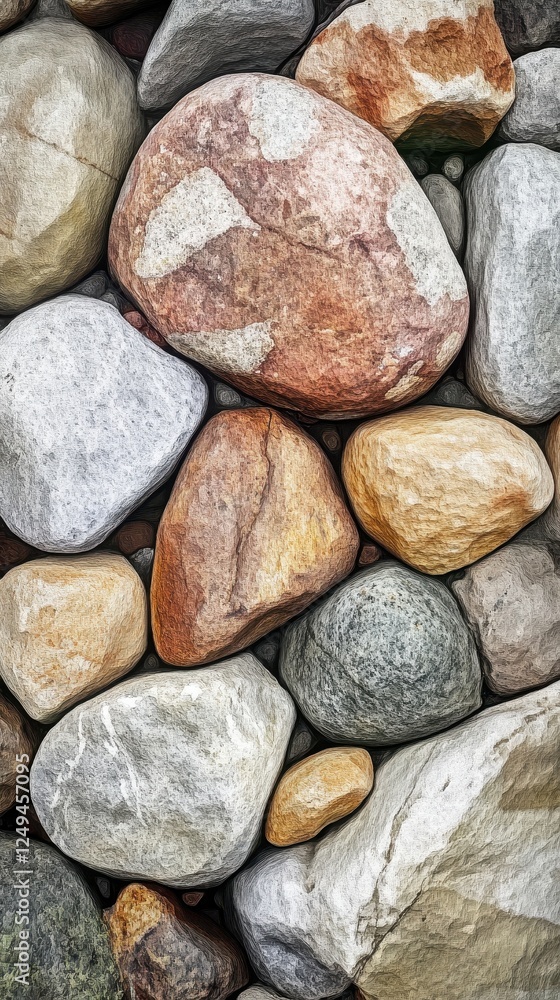 Close up view shows many colorful smooth river rocks Close up view shows many colorful smooth river rocks