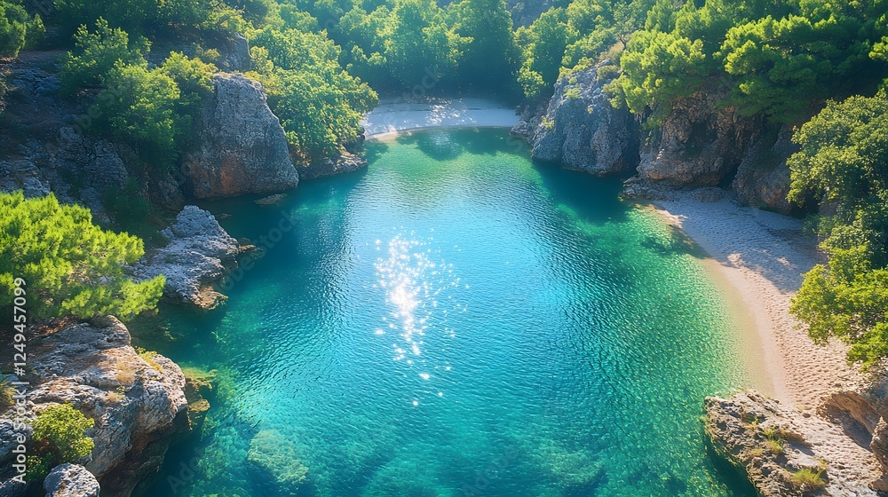 Serene Aerial View of a Hidden and Abandoned Beach Surrounded by Lush Greenery and Crystal Waters Serene Aerial View of a Hidden and Abandoned Beach Surrounded by Lush Greenery and Crystal Waters