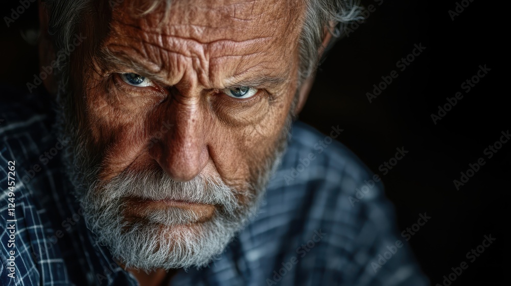 Elderly man with piercing blue eyes and determined facial expression Elderly man with piercing blue eyes and determined facial expression