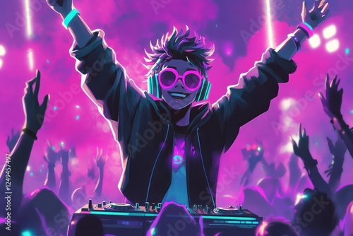 Anime style dj with vibrant neon party atmosphere