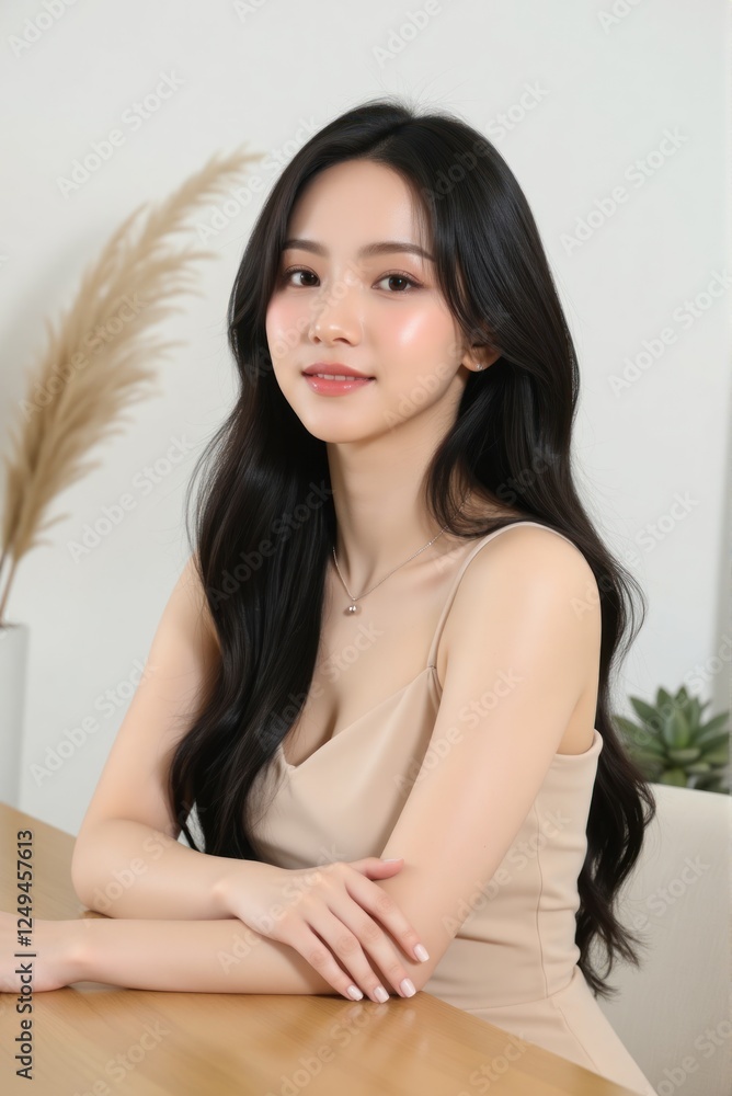 Naklejka premium Asian woman with voluminous black hair, beige dress, sitting confidently at a table