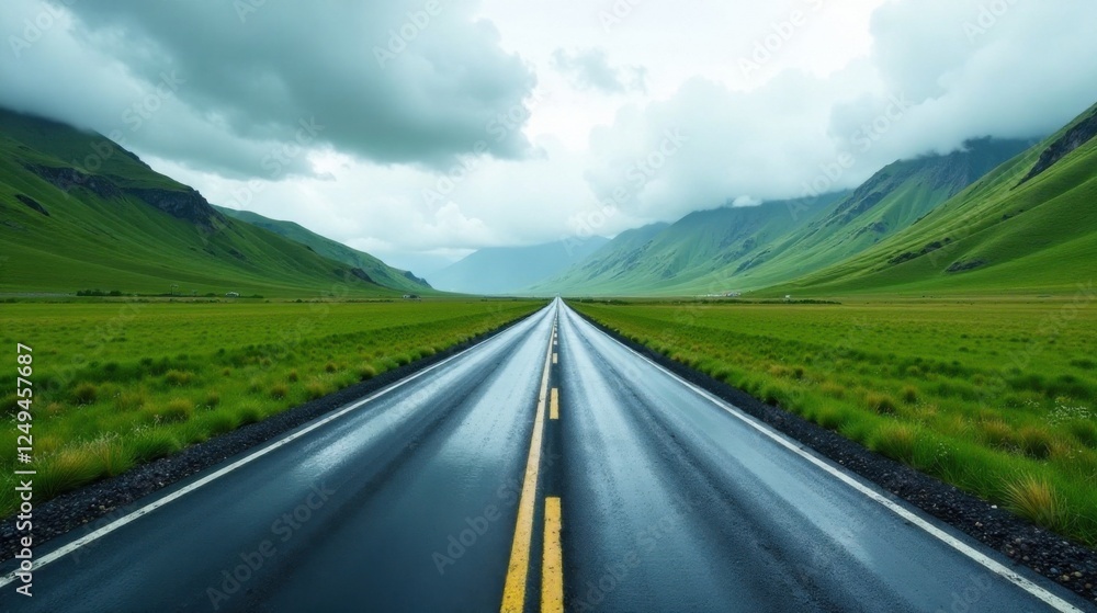 Naklejka premium Asphalt ribbon unwinding through a verdant valley, flanked by rolling hills under a dramatic sky