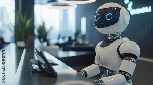 AI robot assistant sit at a reception desk of office building welcome the customer in future labor concept.