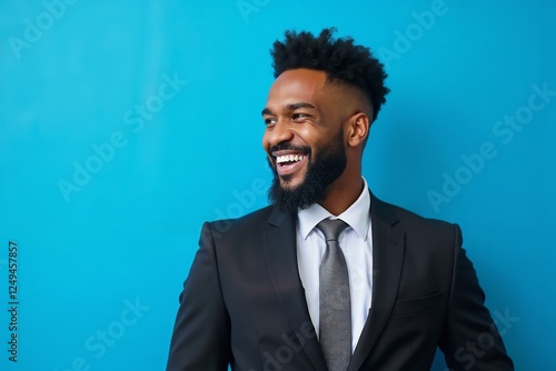 Smiling Young Man in Suit Posing Against Blue Background