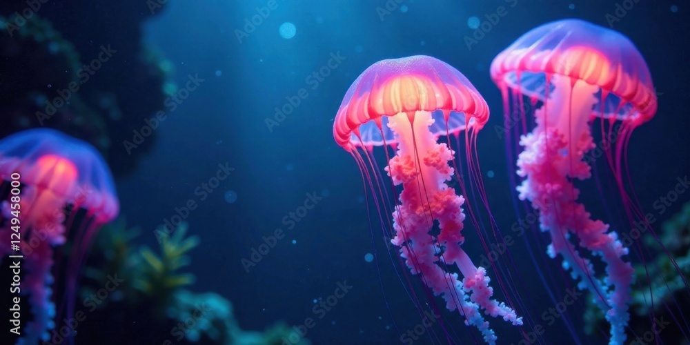 Mesmerizing underwater scene featuring bioluminescent jellyfish gracefully floating in a dark ocean Mesmerizing underwater scene featuring bioluminescent jellyfish gracefully floating in a dark ocean