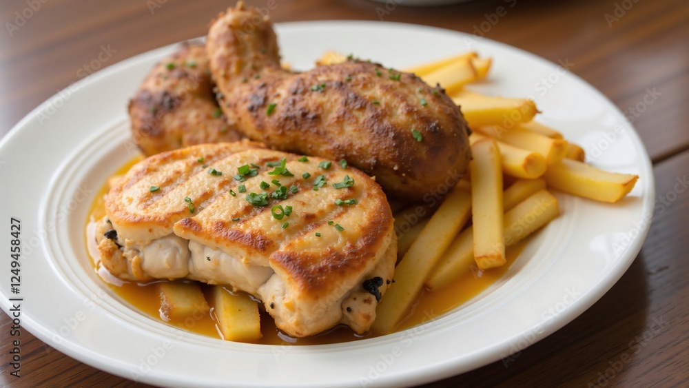 Grilled Chicken Breast and Drumstick with French Fries on a White Plate Grilled Chicken Breast and Drumstick with French Fries on a White Plate