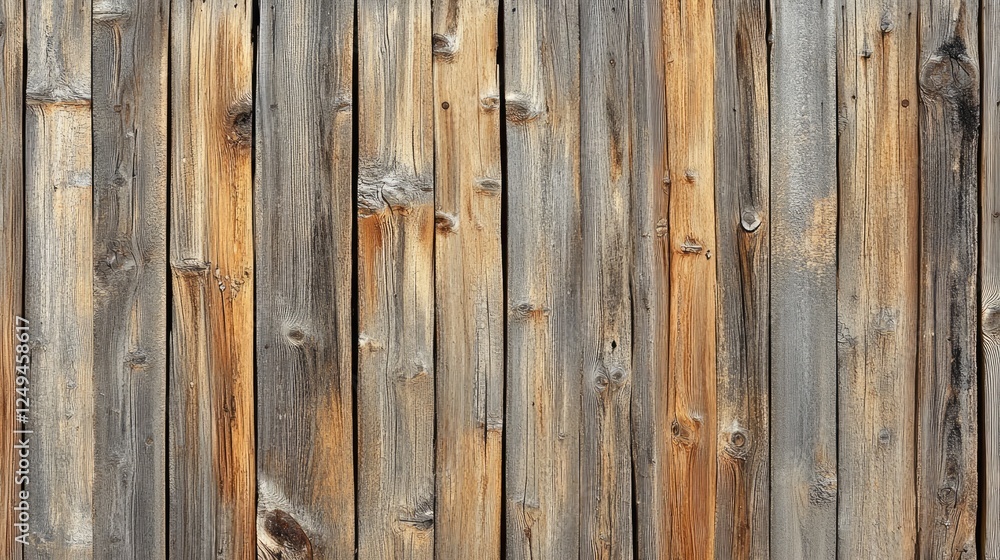 Naklejka premium Rustic wooden fence in a countryside setting, weathered and aged by time.