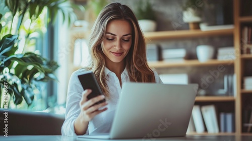 Wallpaper Mural Business woman using mobile smart phone and online working on laptop computer, surfing the internet, searching the information at office. Female student online studying from home, generative ai Torontodigital.ca