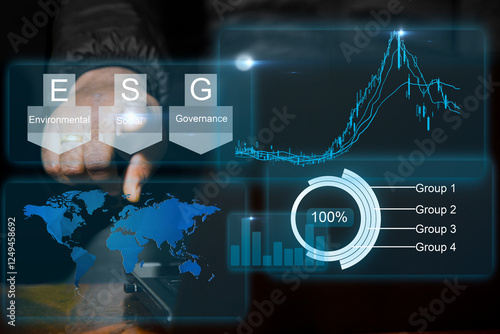 A digital interface displays ESG (Environmental, Social, Governance), financial charts, and data analytics, symbolizing sustainable investing, corporate responsibility, and global market trends.