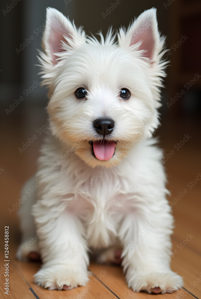 West Highland White Terrier puppy at home: curious and playful West Highland White Terrier puppy sits quietly on wooden floor. West Highland White Terrier puppy at home: curious and playful West Highland White Terrier puppy sits quietly on wooden floor.
