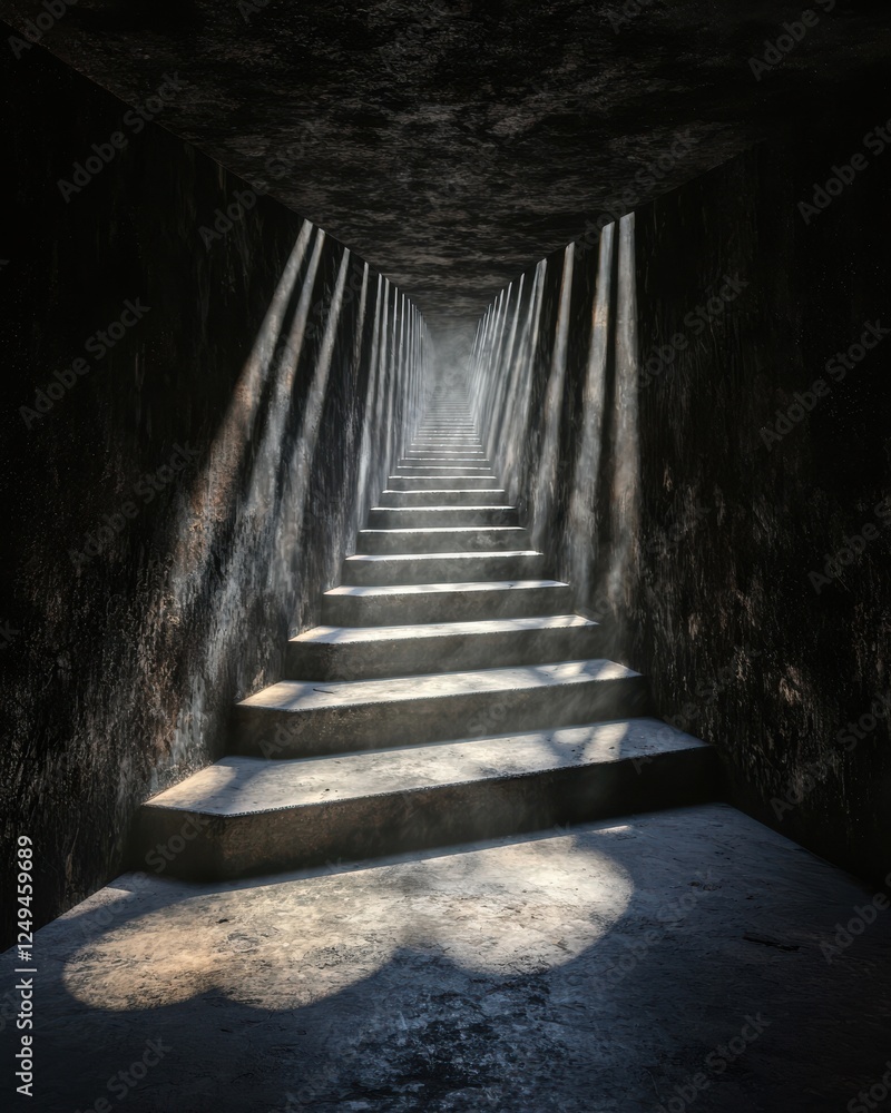 Ascending steps to light mysterious staircase dim environment atmospheric perspective Ascending steps to light mysterious staircase dim environment atmospheric perspective