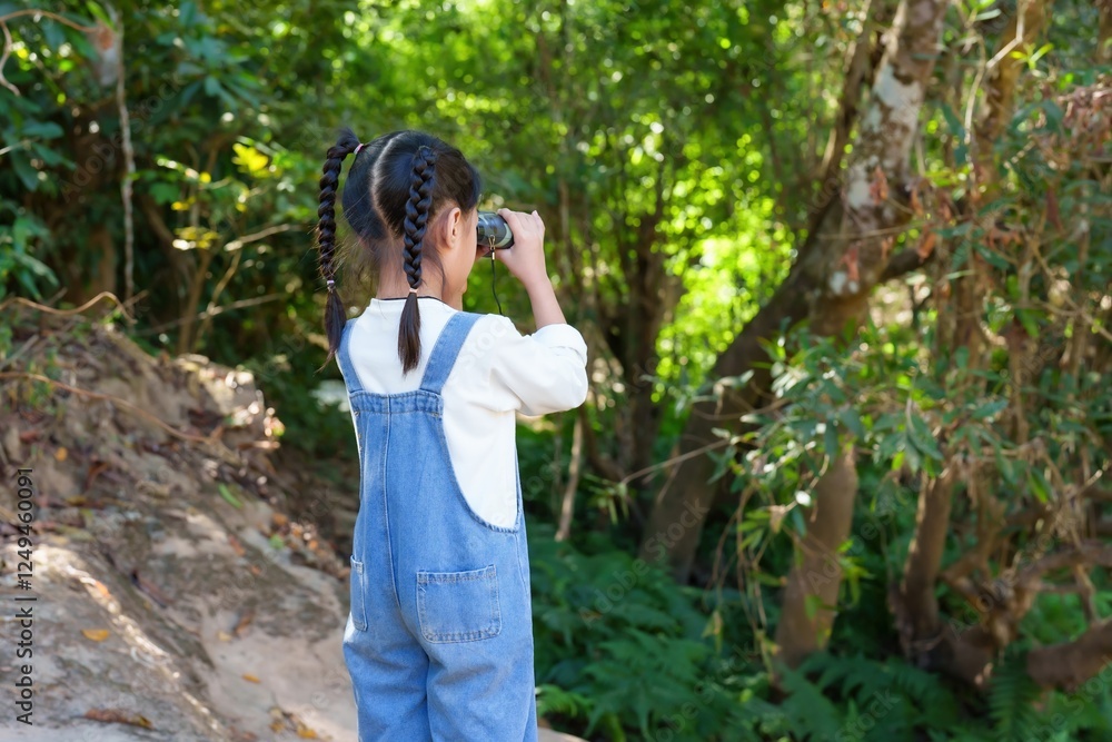 Asian girl holding binoculars looking at nature in a green forest. Outdoor learning, curiosity, and childhood adventure in an eco-friendly and peaceful natural setting. Asian girl holding binoculars looking at nature in a green forest. Outdoor learning, curiosity, and childhood adventure in an eco-friendly and peaceful natural setting.