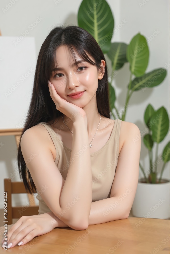 Asian woman in beige, voluminous black hair, sitting gracefully at a table Asian woman in beige, voluminous black hair, sitting gracefully at a table