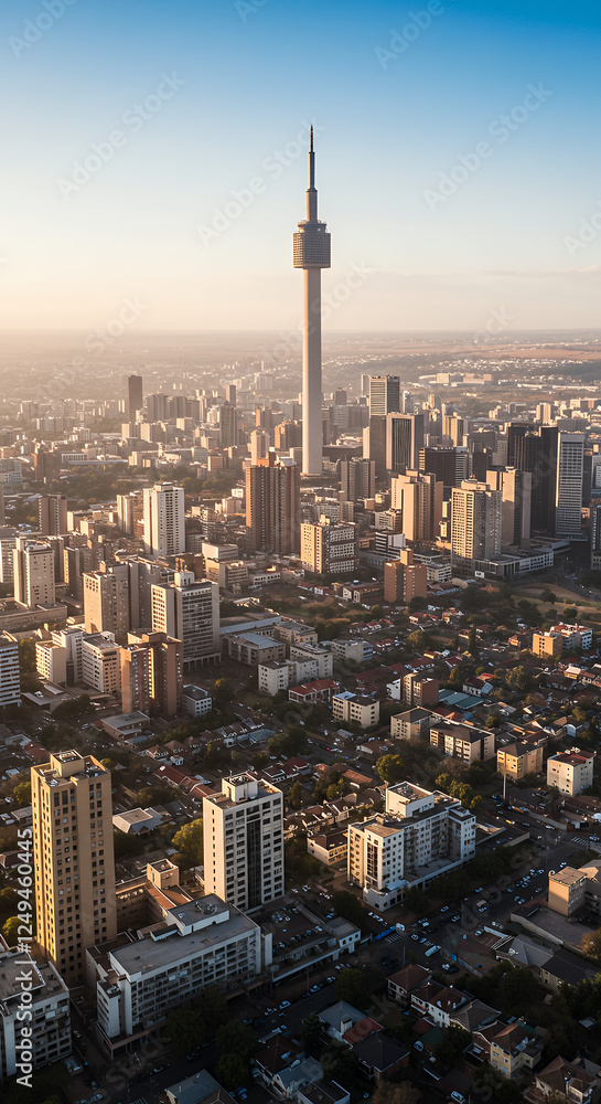 Fototapeta premium Johannesburg Sunrise: Cityscape View with Hillbrow Tower, South Africa. Urban Dawn, Skyline Majesty & City Living. Travel SA!