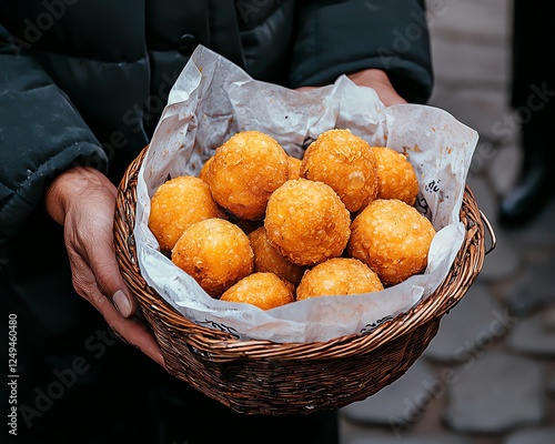 Street food favorites in Rome, casual styled photography, natural light, fresh gelato scooping, crispy arancini, cobblestone street setting photo