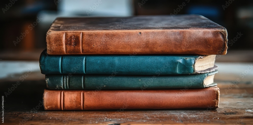 Stack of aged leather bound books sitting on a table Stack of aged leather bound books sitting on a table