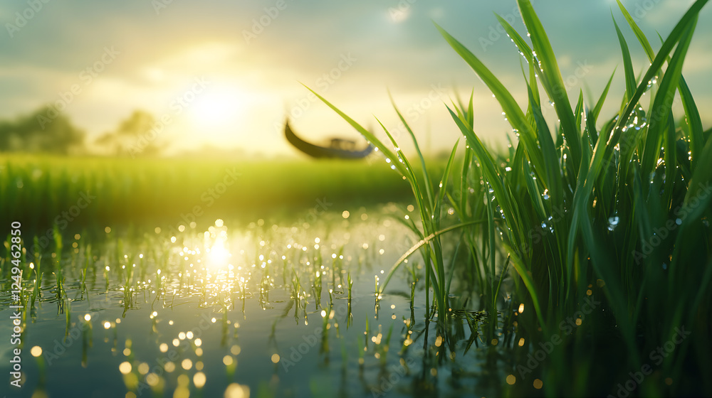 Obraz premium Rice field bathed in early morning droplets and sunlights background a field of green rice plants banner image morning rice field wallpaper image