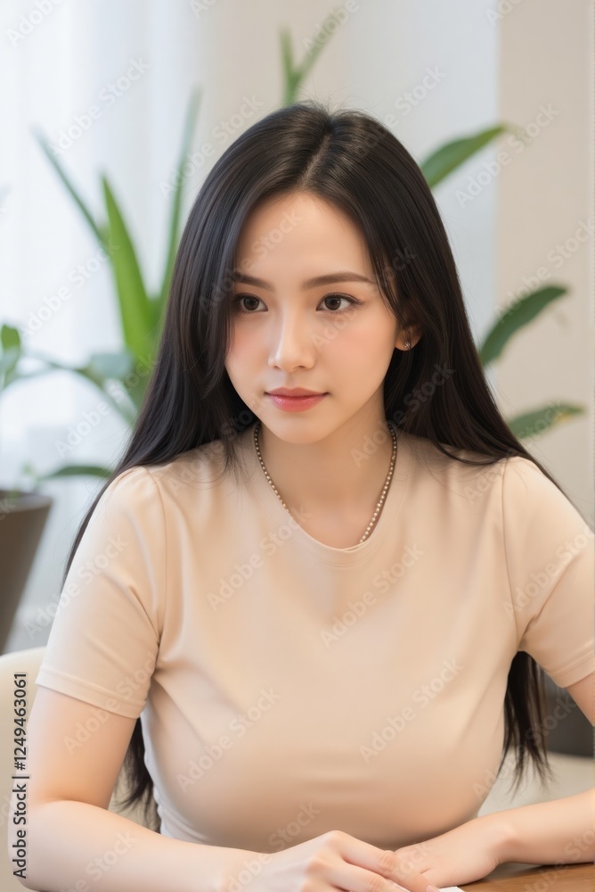 Asian woman, voluminous black hair, beige dress, sitting at a wooden table, beauty focus Asian woman, voluminous black hair, beige dress, sitting at a wooden table, beauty focus