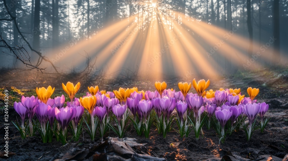 Obraz premium Sunbeams Through a Hazy Forest, Illuminating a Field of Purple and Yellow Crocus Flowers in Bloom
