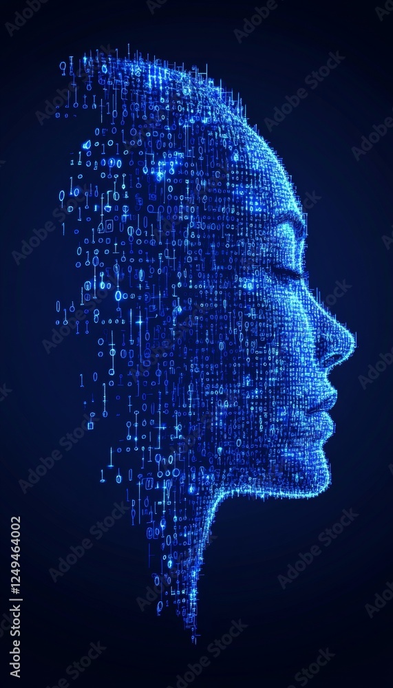 Obraz premium Digital Consciousness Human Face Profile Formed by Glowing Blue Binary Code and Circuitry