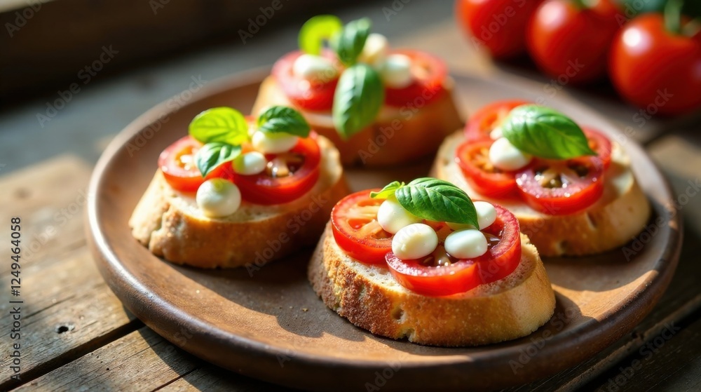 Delicious appetizers of toasted bread topped with fresh tomatoes, mozzarella pearls, and basil leaves arranged on a rustic plate Delicious appetizers of toasted bread topped with fresh tomatoes, mozzarella pearls, and basil leaves arranged on a rustic plate
