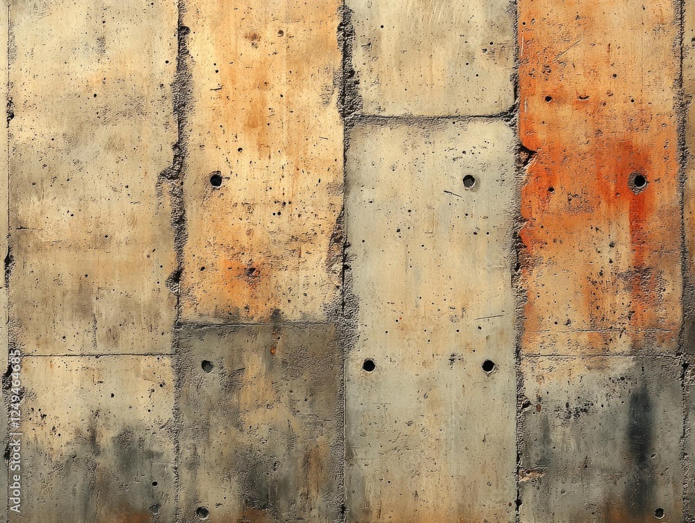 Concrete wall surface, vertical panels with uneven texture, rust stains, holes, industrial look Concrete wall surface, vertical panels with uneven texture, rust stains, holes, industrial look