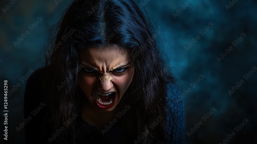 Furious woman with messy hair growling in rage and frustration Furious woman with messy hair growling in rage and frustration