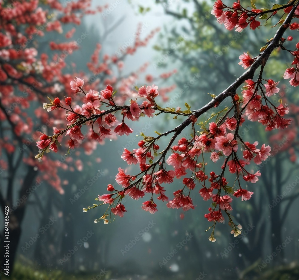 Red cherry blossom branches with green stems and wet berries, green sprigs, wet cherries, autumn leaves Red cherry blossom branches with green stems and wet berries, green sprigs, wet cherries, autumn leaves