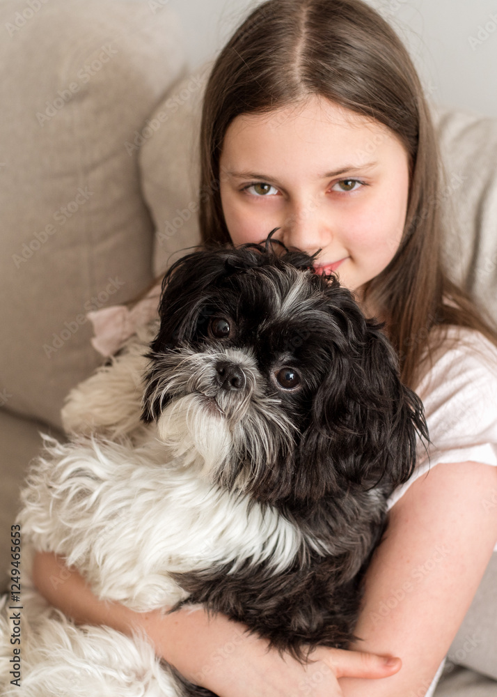 A girl in a white outfit hugging her small black and white dog on a cozy bed. A girl in a white outfit hugging her small black and white dog on a cozy bed.