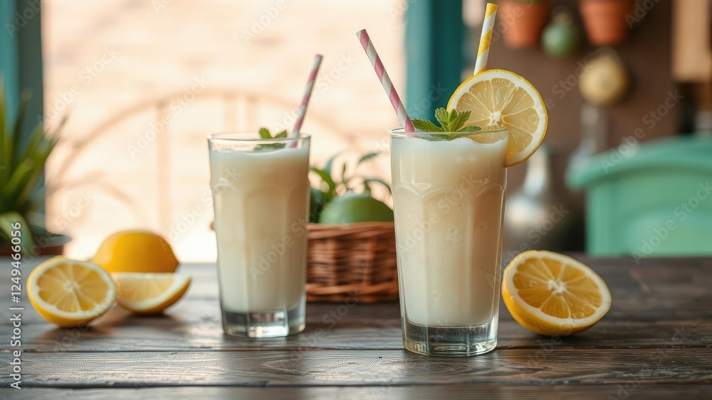 Refreshing Ecuadorian horchata drink with a slice of lemon on top, refreshing, natural Refreshing Ecuadorian horchata drink with a slice of lemon on top, refreshing, natural