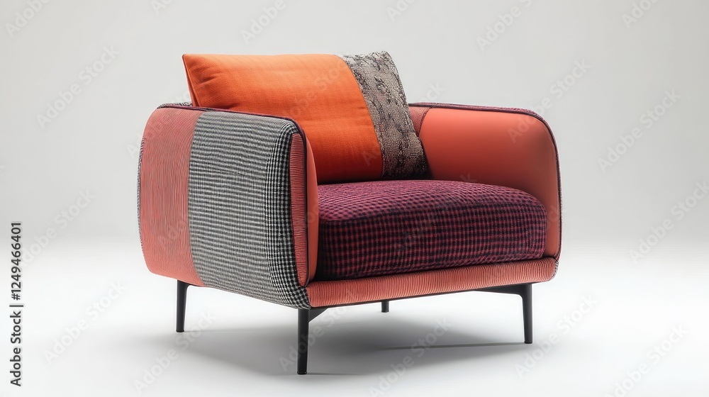 Vibrant armchair with dynamic geometric patterns, sleek frame, and tapered legs, presented on a white background. Vibrant armchair with dynamic geometric patterns, sleek frame, and tapered legs, presented on a white background.