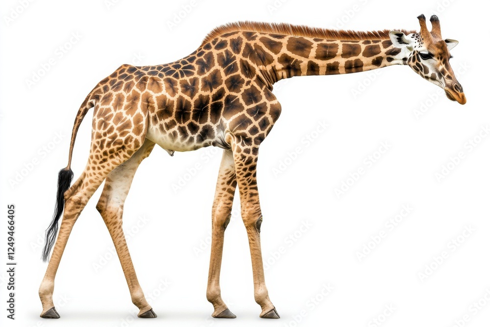 Fototapeta premium Elegant giraffe showcasing intricate patterns and graceful stature against a minimal white background