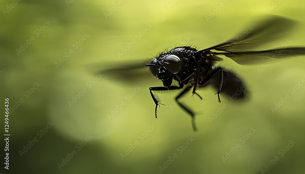 Close up of a black fly suspended in midair Close up of a black fly suspended in midair