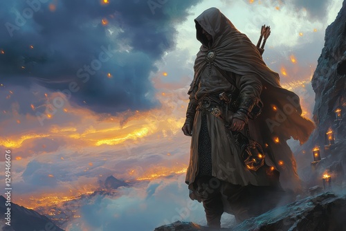 Hooded figure stands on a cliff overlooking a fiery city