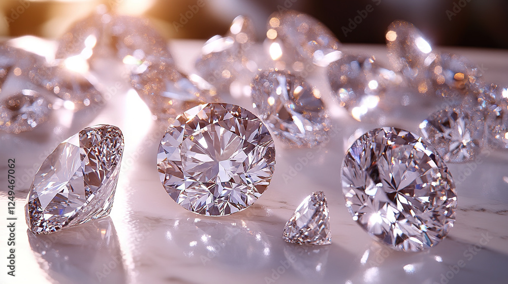 An assortment of dazzling cut diamonds scattered on a marble surface evokes timeless elegance and luxury. An assortment of dazzling cut diamonds scattered on a marble surface evokes timeless elegance and luxury.