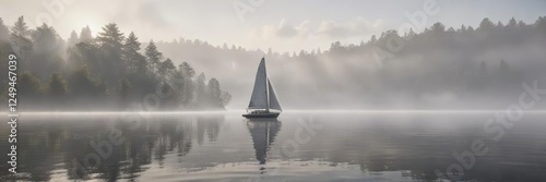 Sailboat gliding smoothly across the surface of a serene lake amidst a thick veil of morning mist , fog, reflections, mist