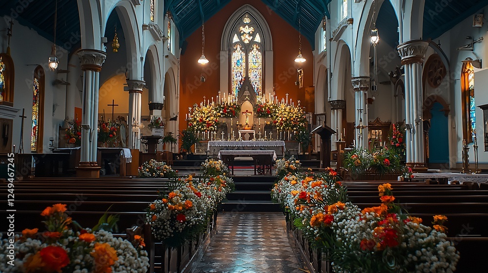 Obraz premium Church altar decorated flowers wedding ceremony aisle