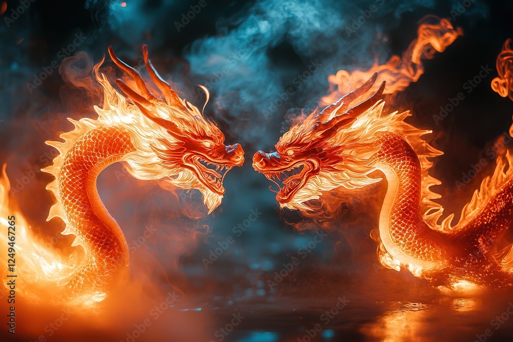 Fototapeta premium Two Red Dragons Emerging from Fire .