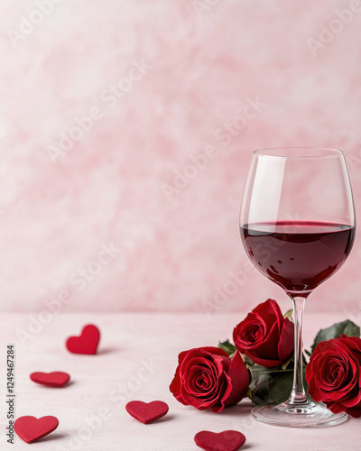 valentines romantic scene with red roses and glass of red wine, perfect for Valentine Day