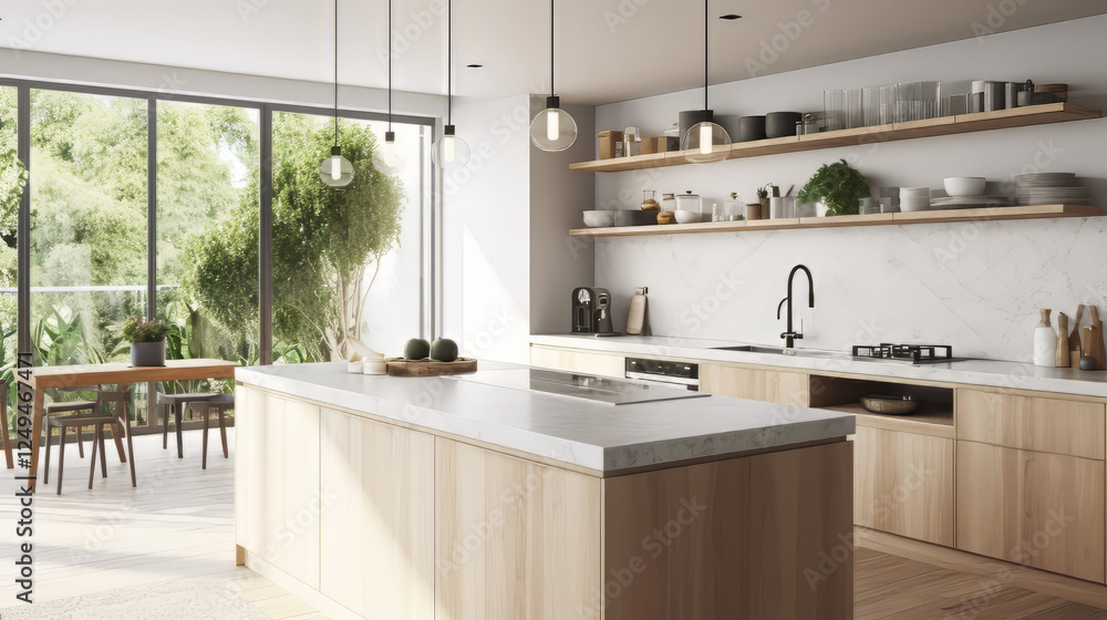 A modern Scandinavian-style kitchen with matte white cabinets, light gray marble countertops and backsplash, and wooden accents. The island features a built-in sink with a sleek chrome faucet. A modern Scandinavian-style kitchen with matte white cabinets, light gray marble countertops and backsplash, and wooden accents. The island features a built-in sink with a sleek chrome faucet.