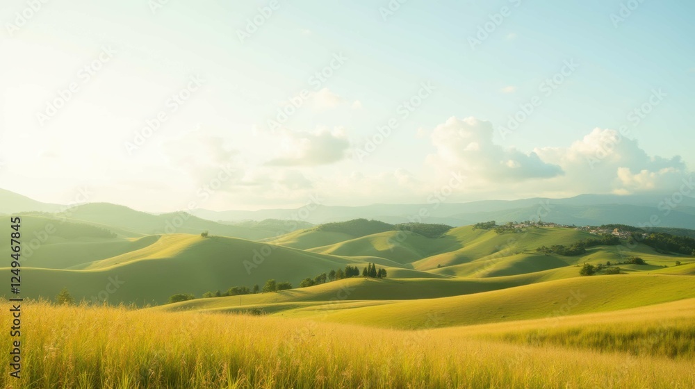Obraz premium Serene Green Hills Under Bright Sky with Soft Clouds in Background