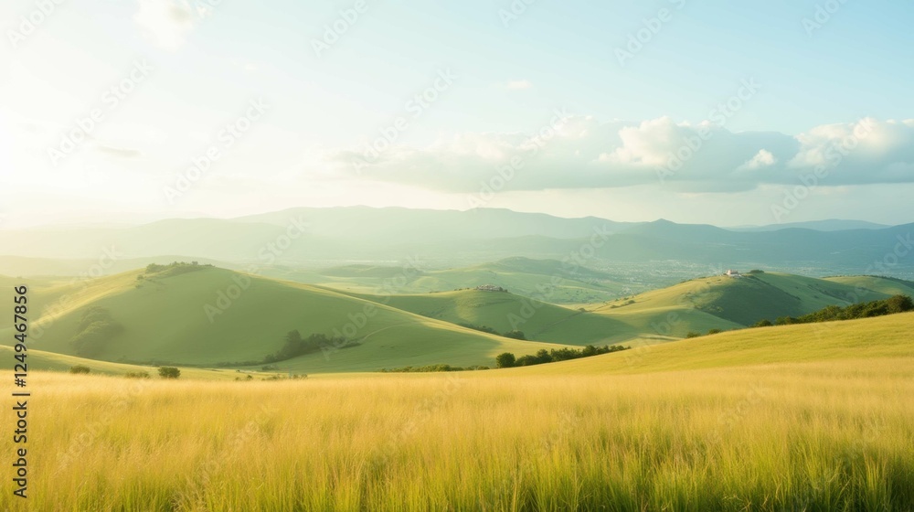 Serene Landscape of Rolling Hills and Gentle Green Fields at Dawn Serene Landscape of Rolling Hills and Gentle Green Fields at Dawn