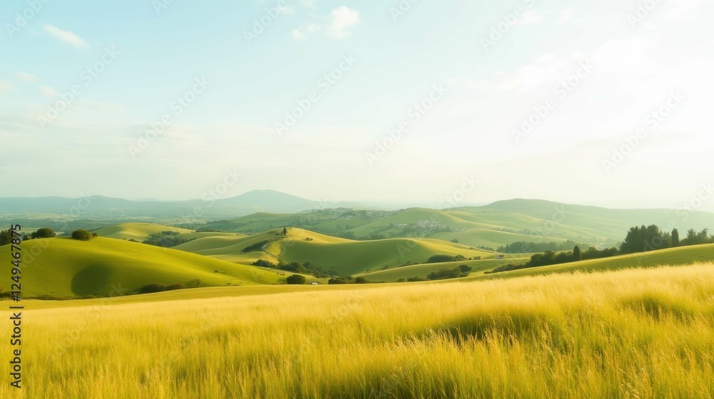 Obraz premium Serene Landscape of Rolling Green Hills Under Blue Sky