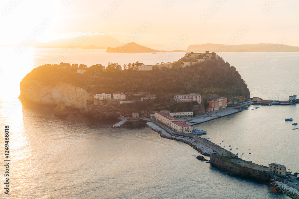 Sunrise over Nisida, Naples, Italy. Island and harbor.