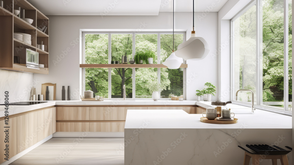 Fototapeta premium A modern Scandinavian-style kitchen with matte white cabinets, light gray marble countertops and backsplash, and wooden accents. The island features a built-in sink with a sleek chrome faucet.