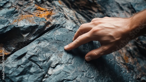 Wallpaper Mural A hand touching the rough textured surface of a dark rock Torontodigital.ca